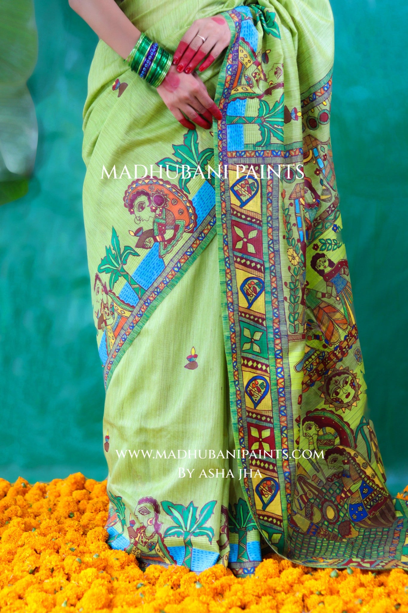 HARIYALI CHHATH Handpainted Madhubani Chanderi Saree Blouse Set