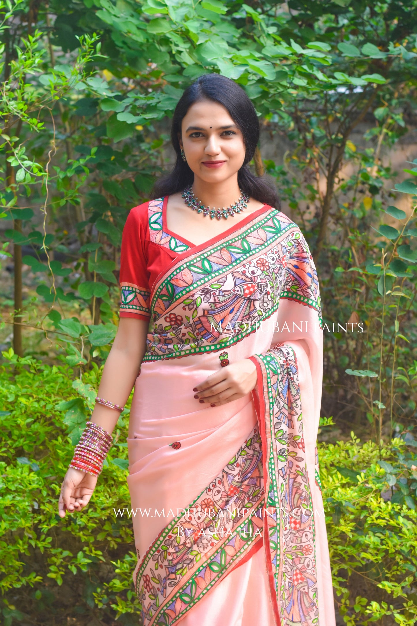 Gulabi Mor Hand-painted Madhubani Chiffon Saree