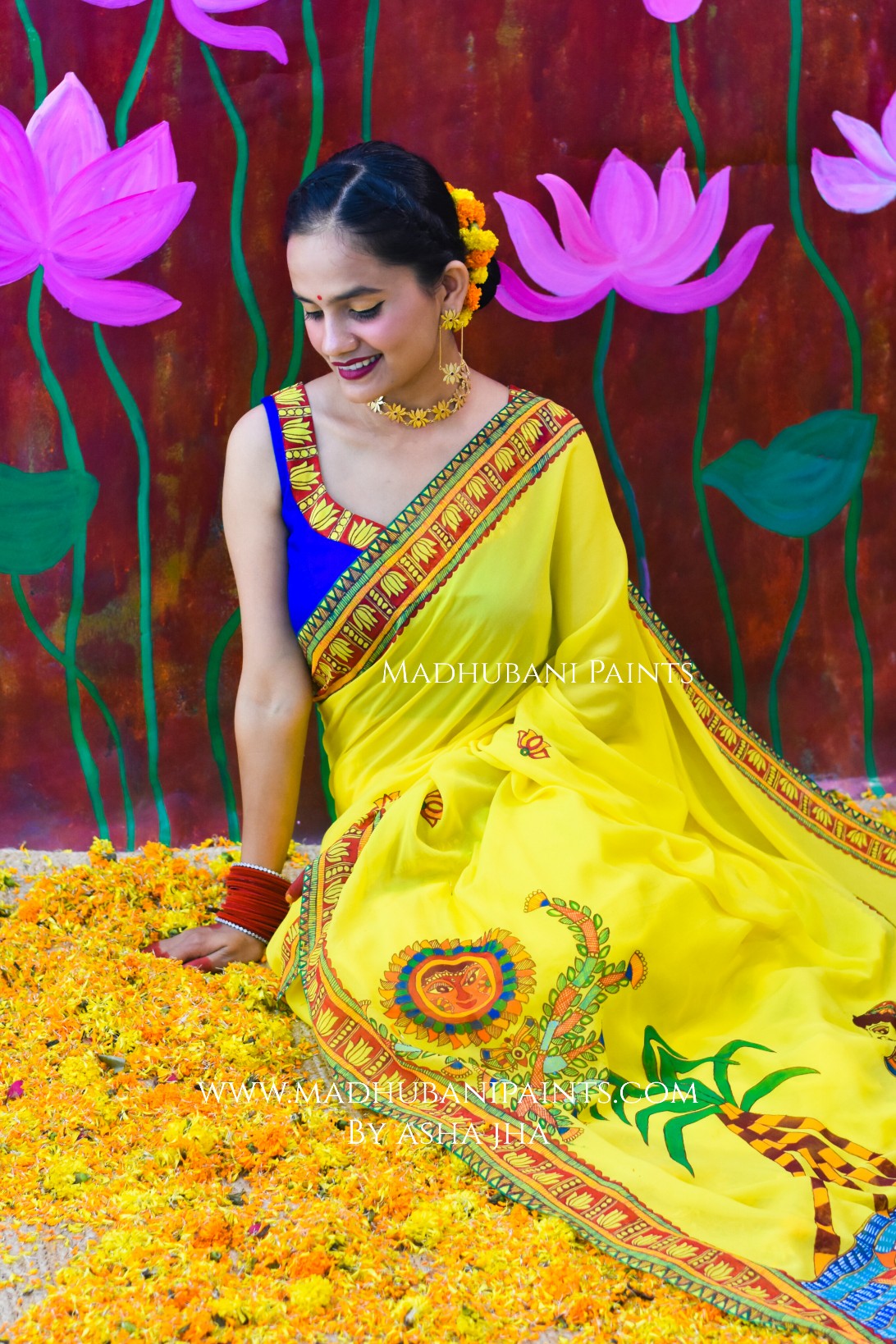 BHAKTI BHAVA Chhath Puja Hand painted Madhubani Georgette Saree