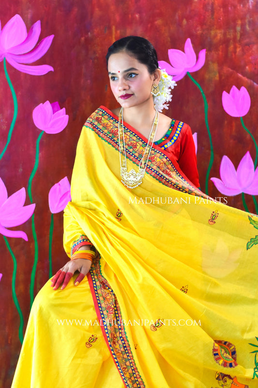 Surya Kiran Chhath Puja Hand painted Madhubani Mul Cotton Saree