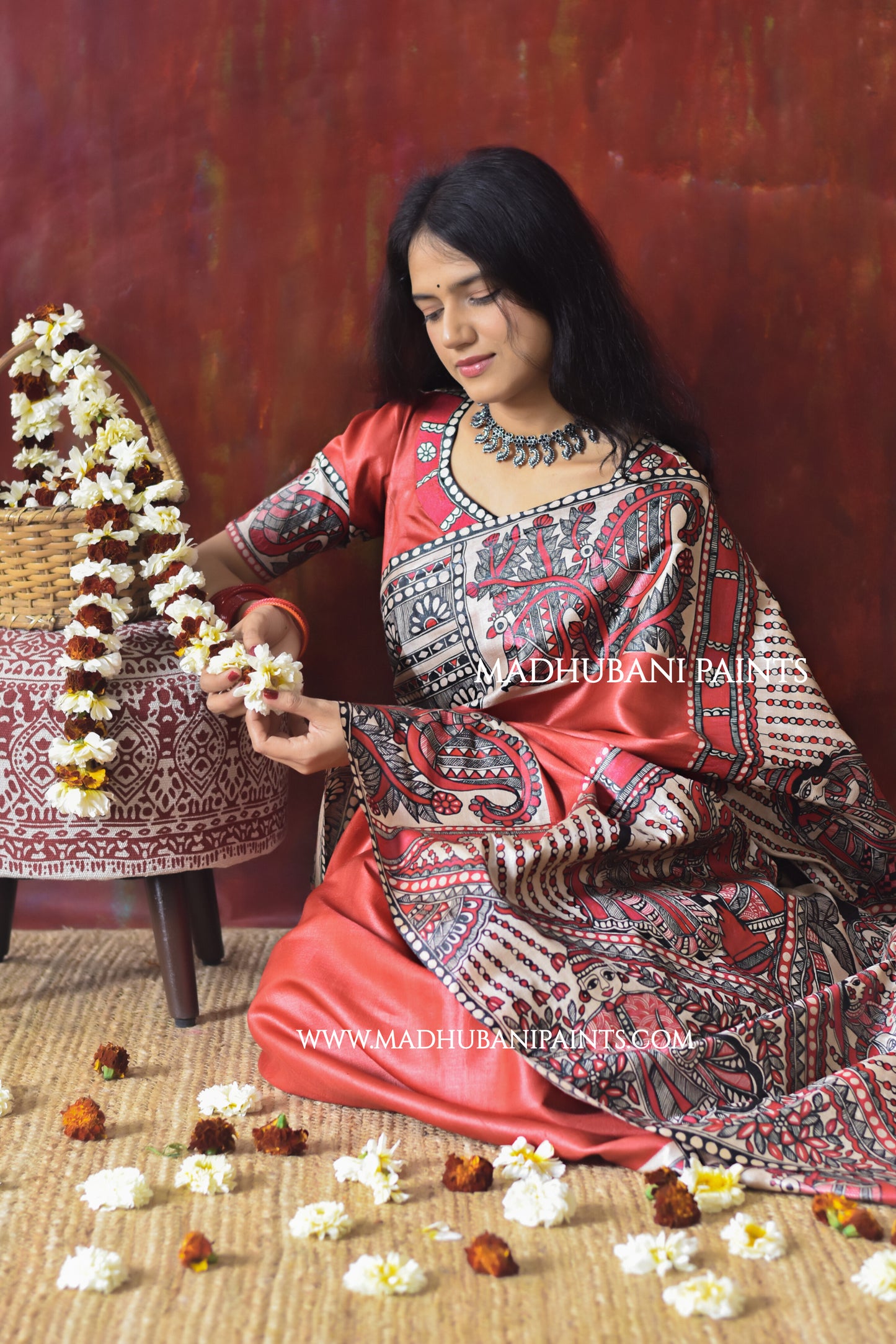 RED BENGALI WEDDING Hand-painted Madhubani Tussar Silk Saree