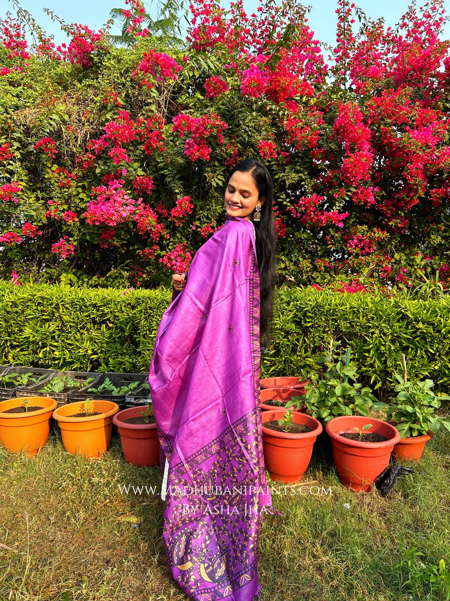 'MANMOHANI MAYURI' Handpainted Madhubani Tussar Silk Dupatta