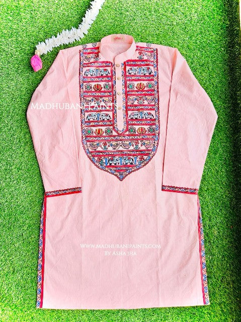 Pink Hathi Mor Machli Hand-painted Madhubani Men's Cotton Kurta