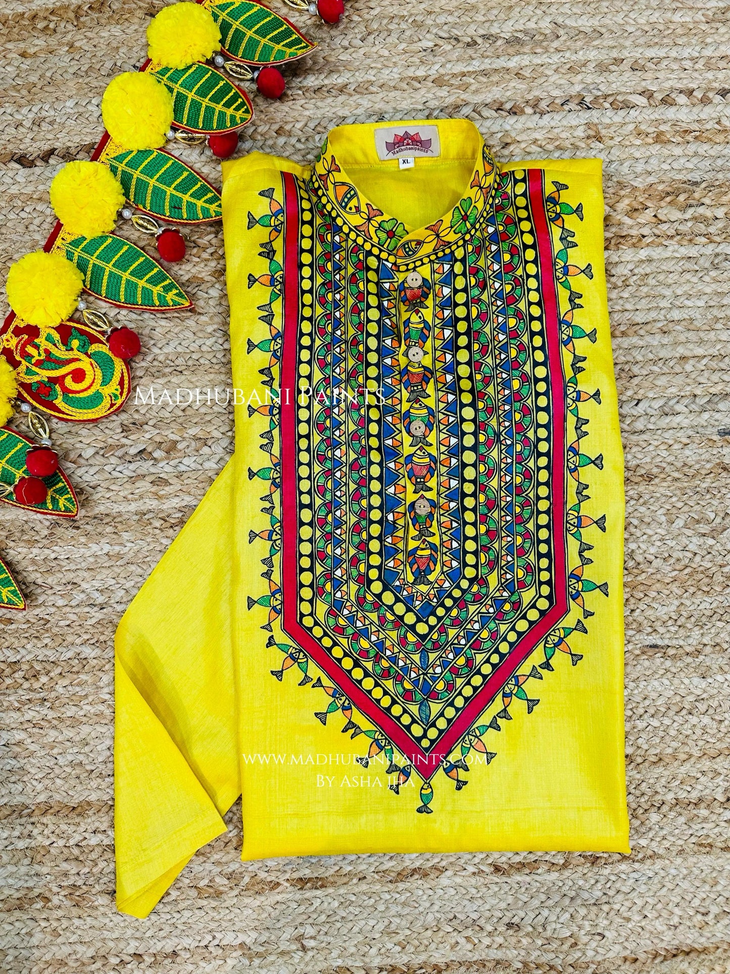 Yellow Surmai Kamal Hand-painted Madhubani Men's Tussar Silk Kurta