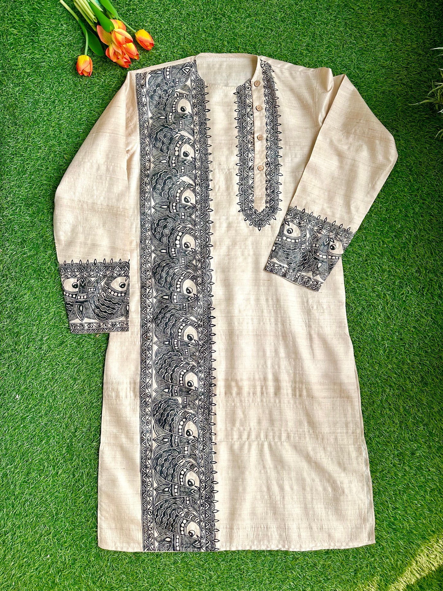 SURMAI SAMUNDAR Hand-painted Madhubani Men's Tussar Silk Kurta