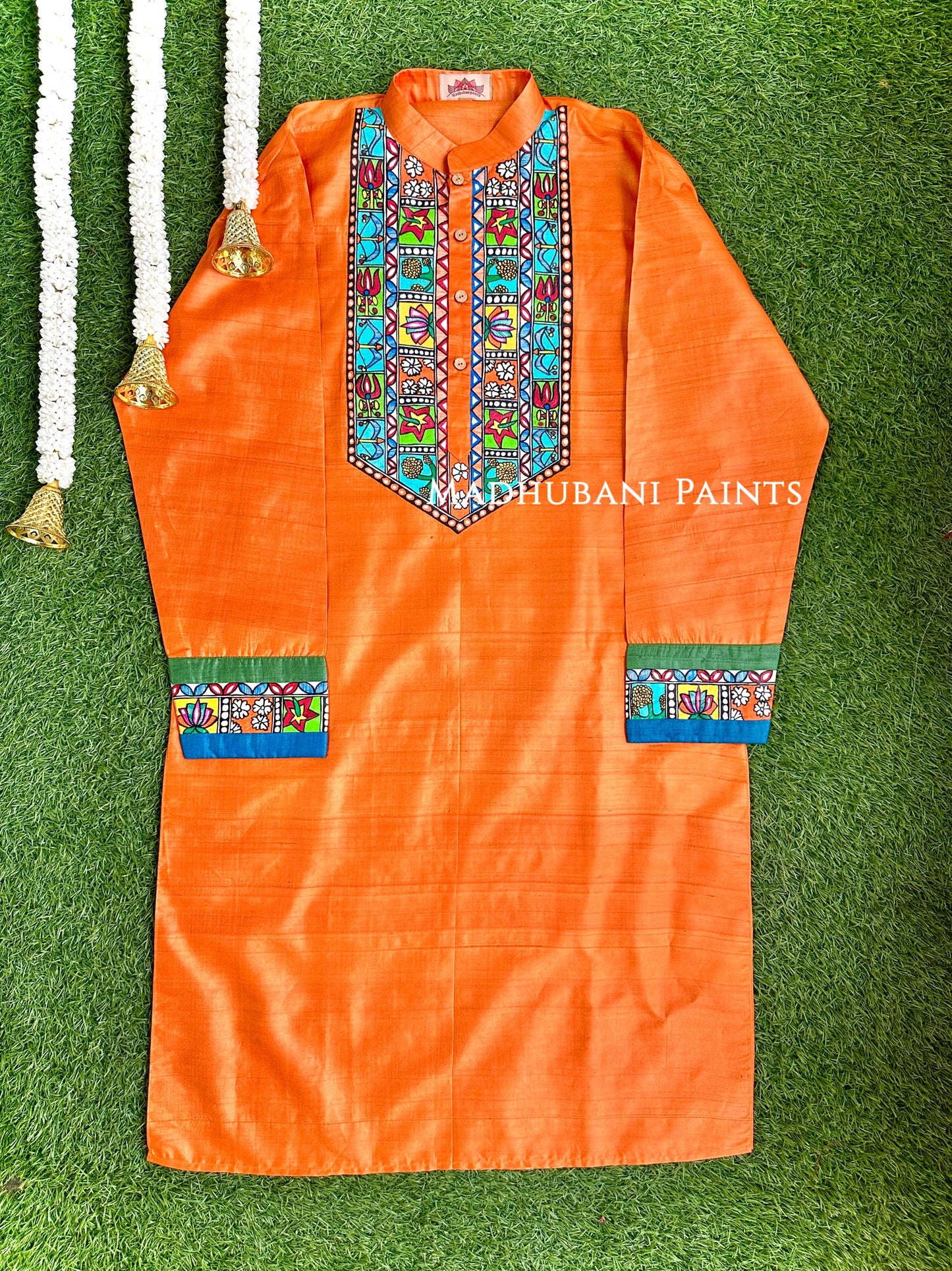 BHARAT KA DUSSEHRA Hand-painted Handloom Orange Men's Tussar Silk Kurta