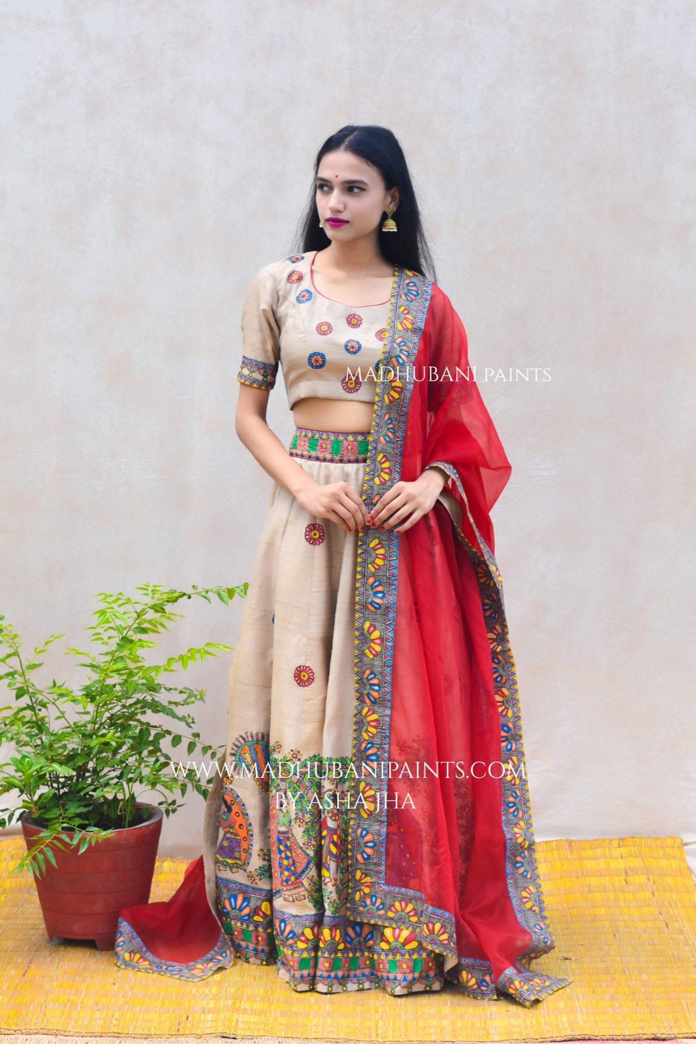 RADHA KRISHNA SANGEET Hand-painted Madhubani Lehnga