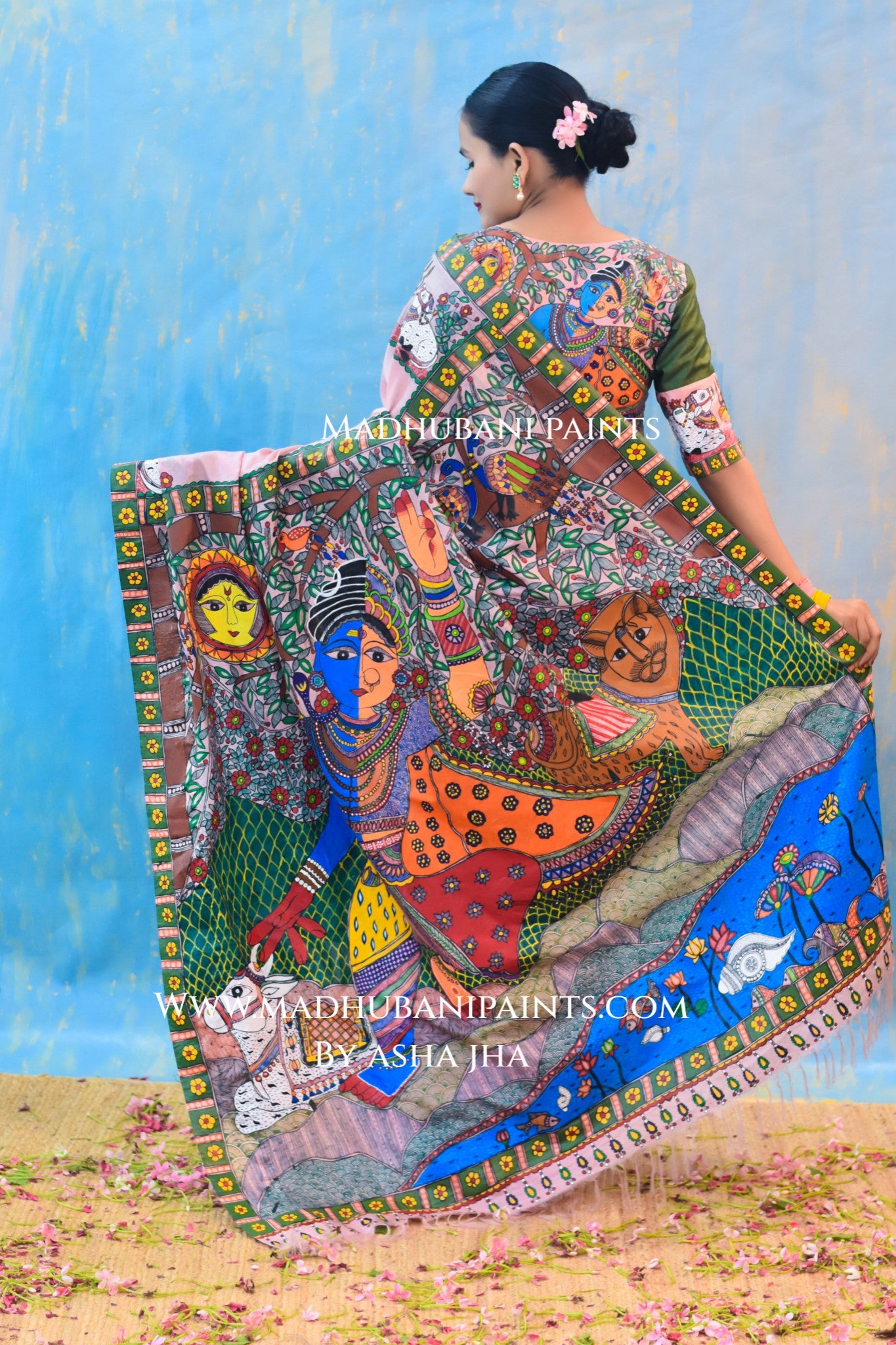 UMAMAHESHWAR ARDHNARISHWAR Hand-painted Madhubani Tussar Silk Saree Blouse Set