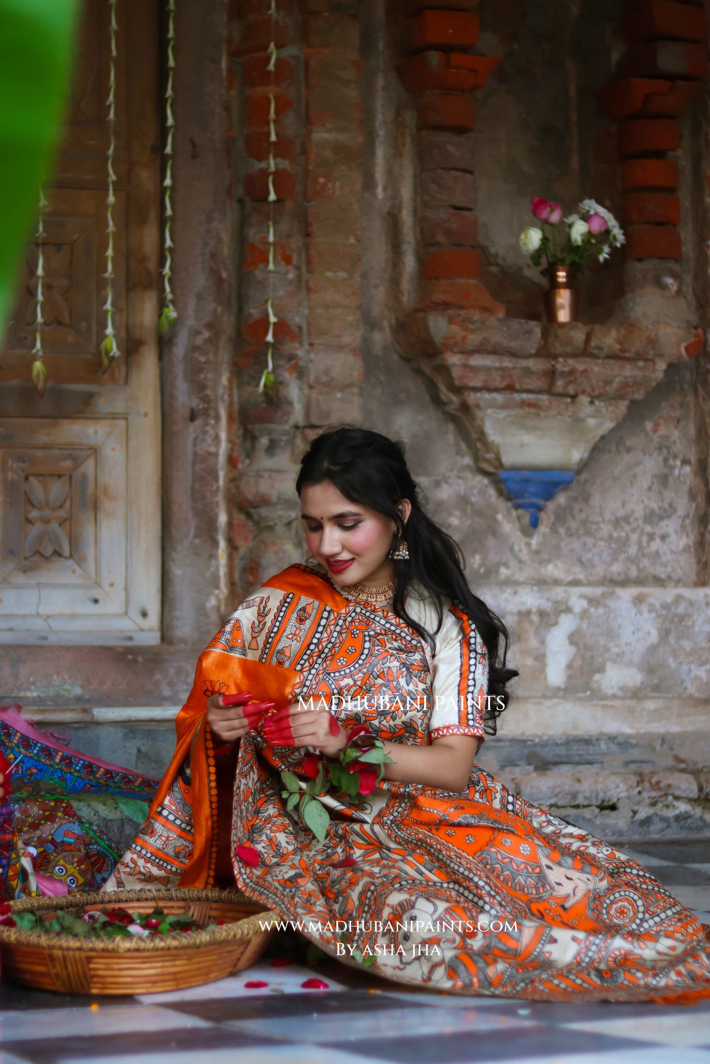 KESARIYA NAINTARA Handpainted Tussar Silk Madhubani Saree Blouse Set