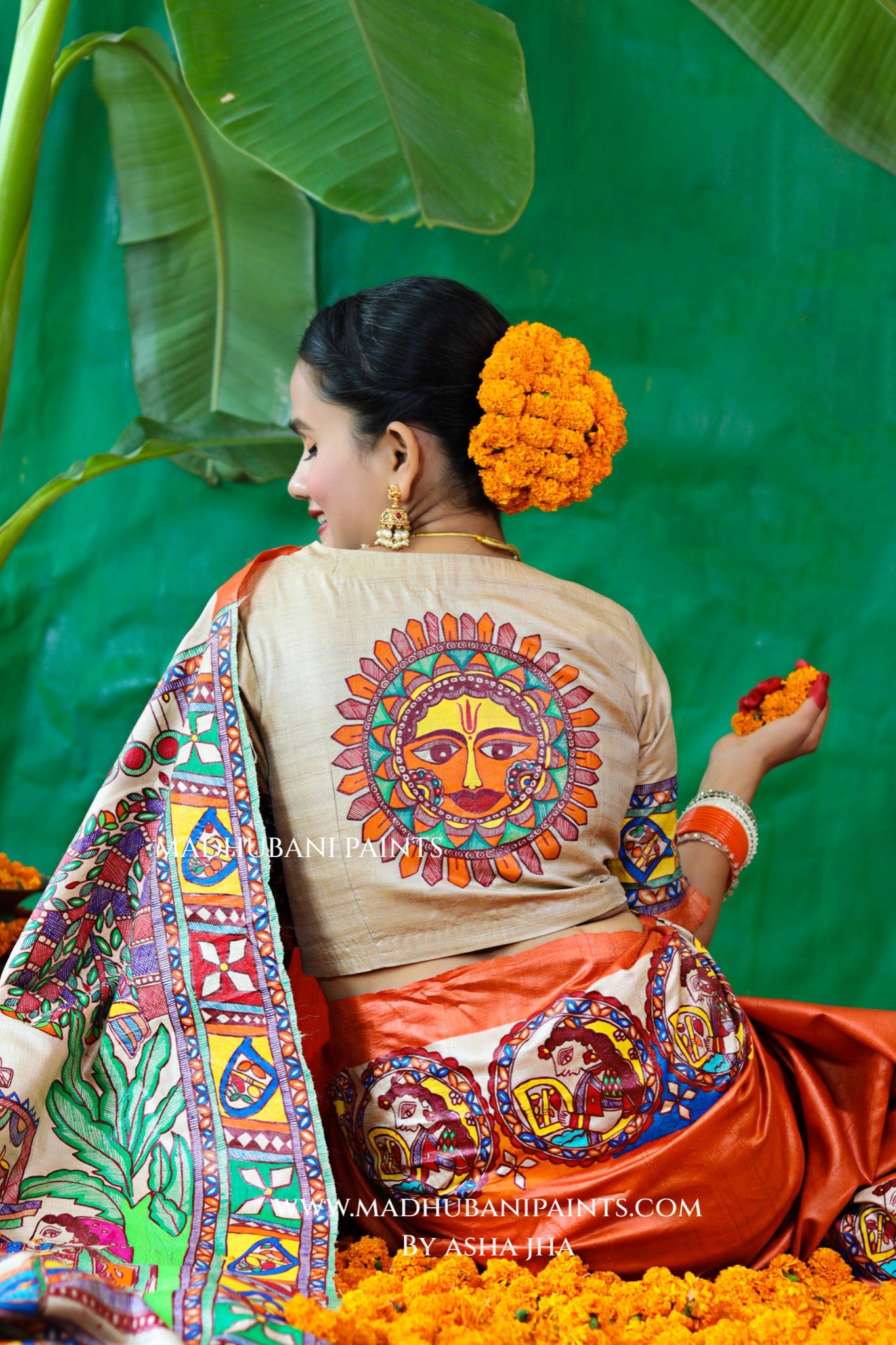 CHHATH PAWAN Handpainted Madhubani Tussar Silk Saree Blouse Set