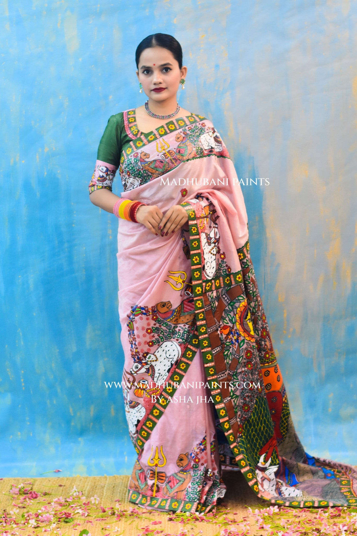 UMAMAHESHWAR ARDHNARISHWAR Hand-painted Madhubani Tussar Silk Saree Blouse Set