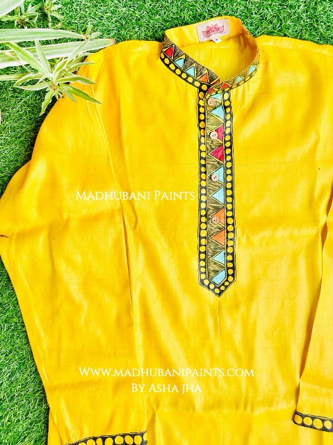 Yellow Mithila Borders Hand-painted Madhubani Men's Tussar Silk Kurta