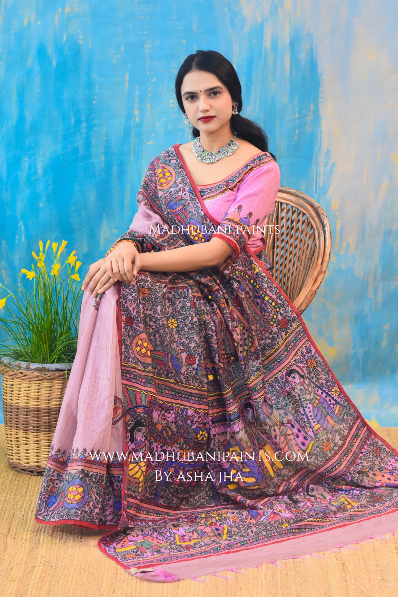 "Gulabi Ramayan" Hand-painted Madhubani Chanderi Saree Blouse Set