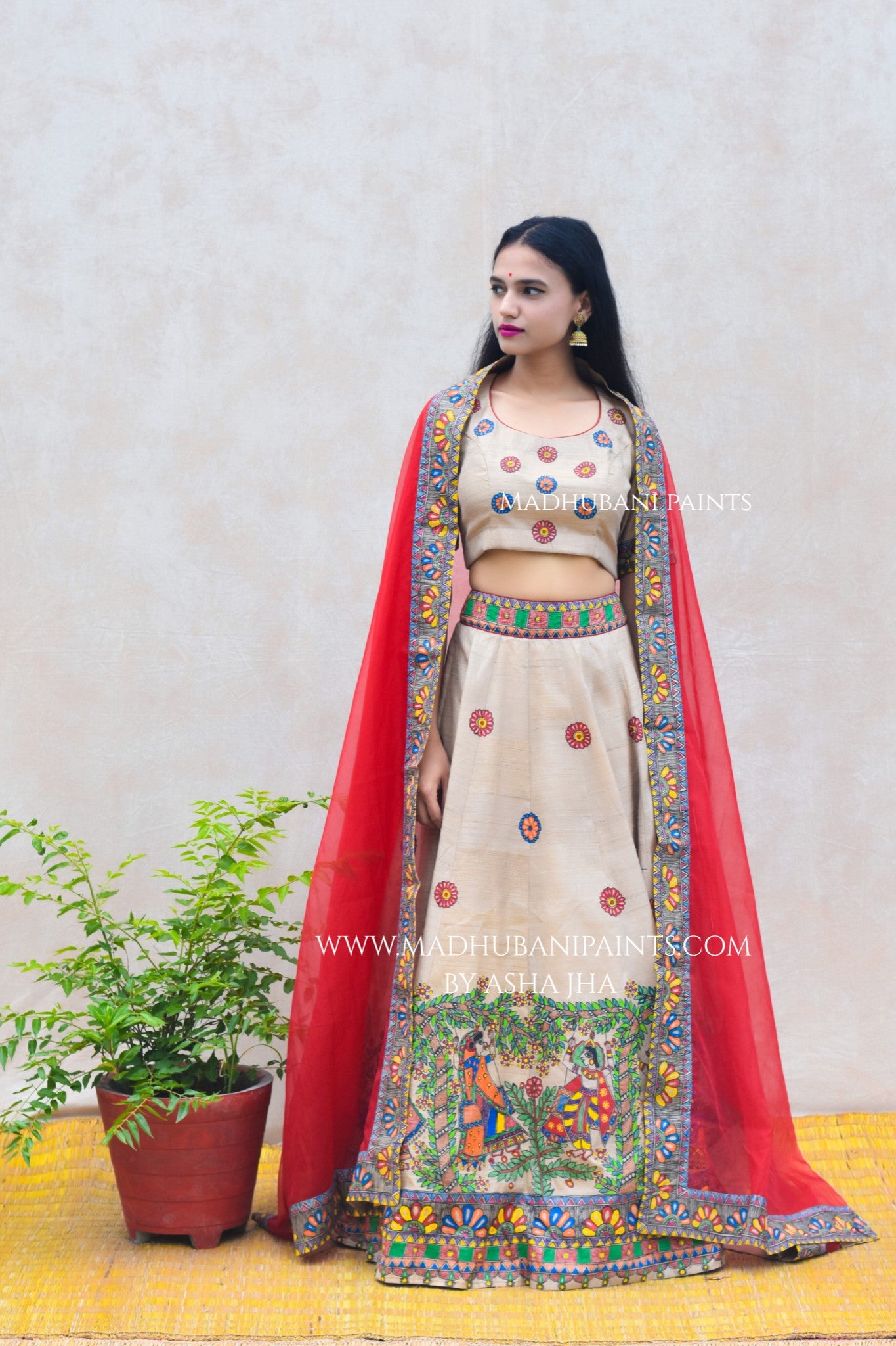 RADHA KRISHNA SANGEET Hand-painted Madhubani Lehnga