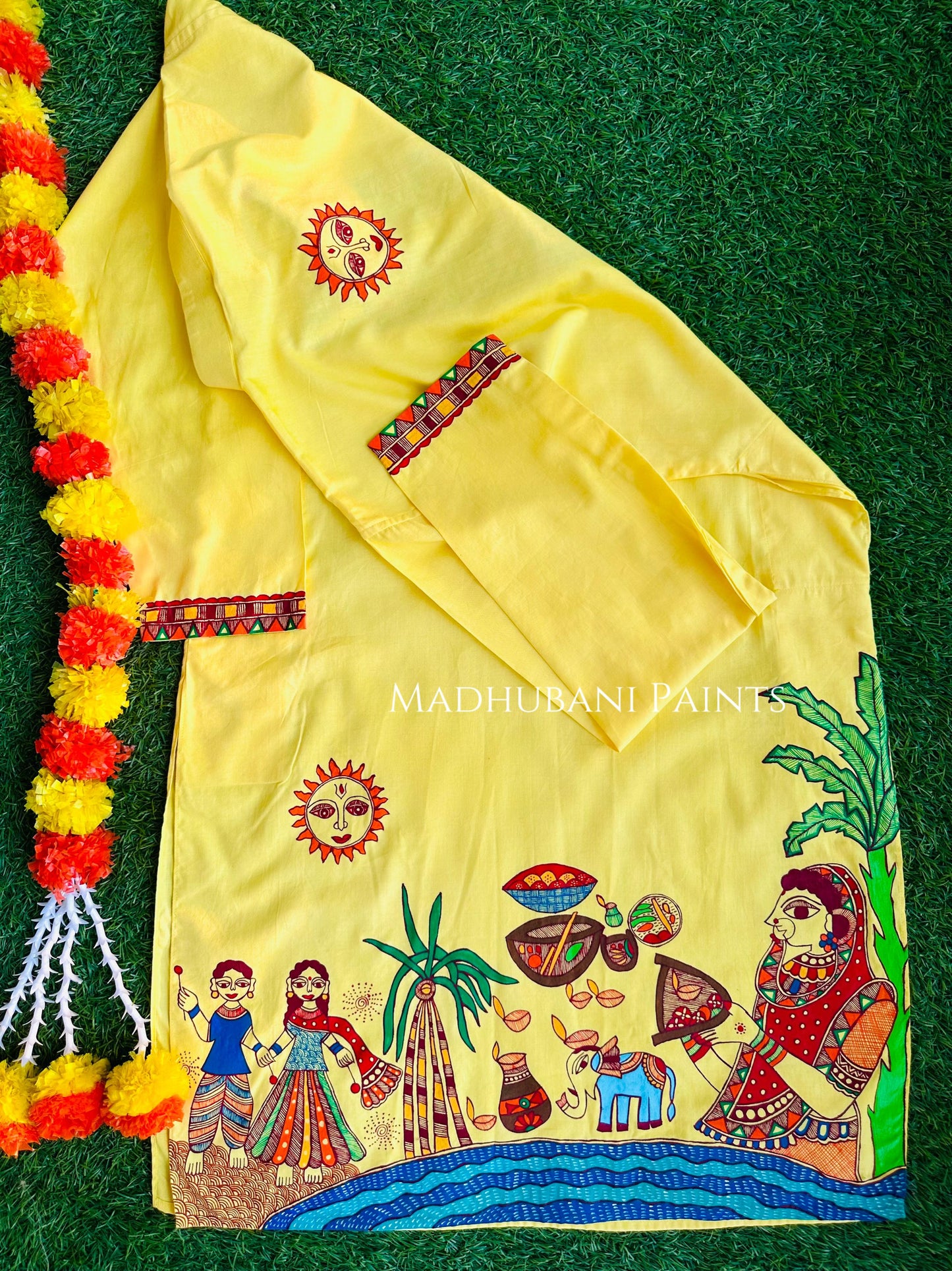 Yellow Chhath Puja Hand-painted Madhubani Men's Cotton Kurta