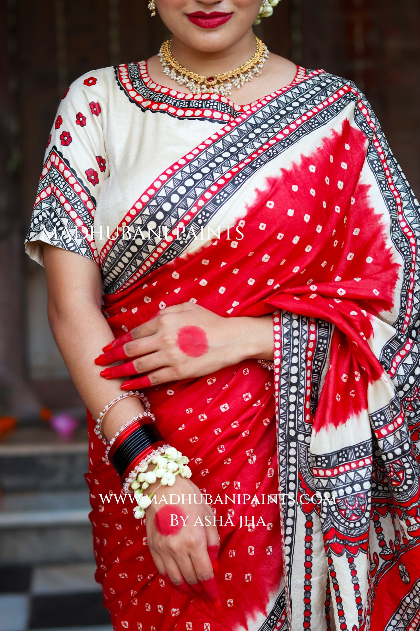 TRINETRA Handpainted Tussar Silk Madhubani Saree Blouse Set
