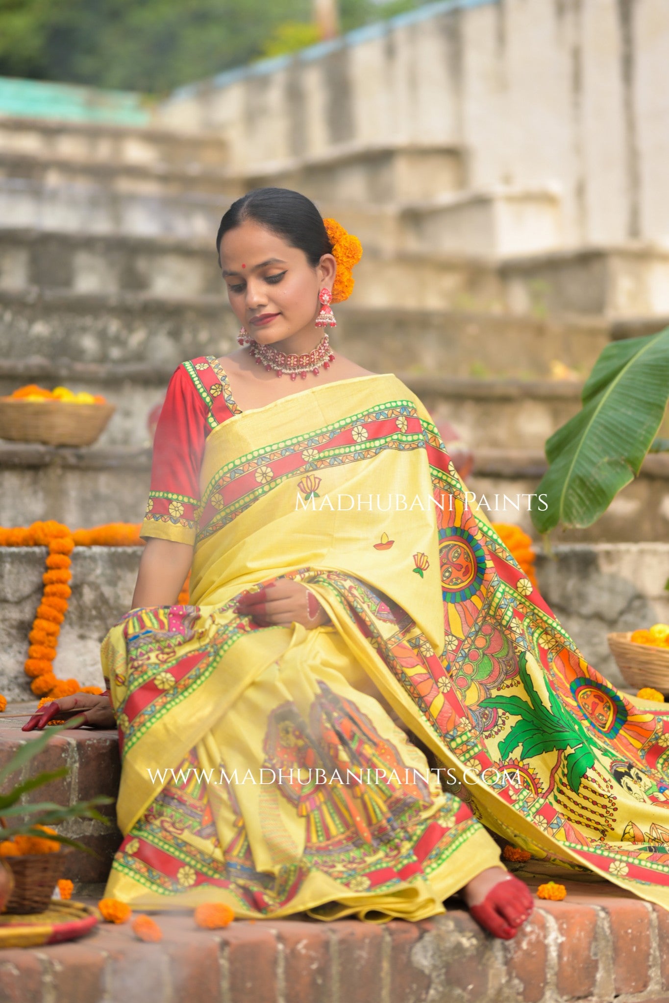 Surya Shalini Chhath Puja Handpainted Madhubani Cotton Saree Blouse Set