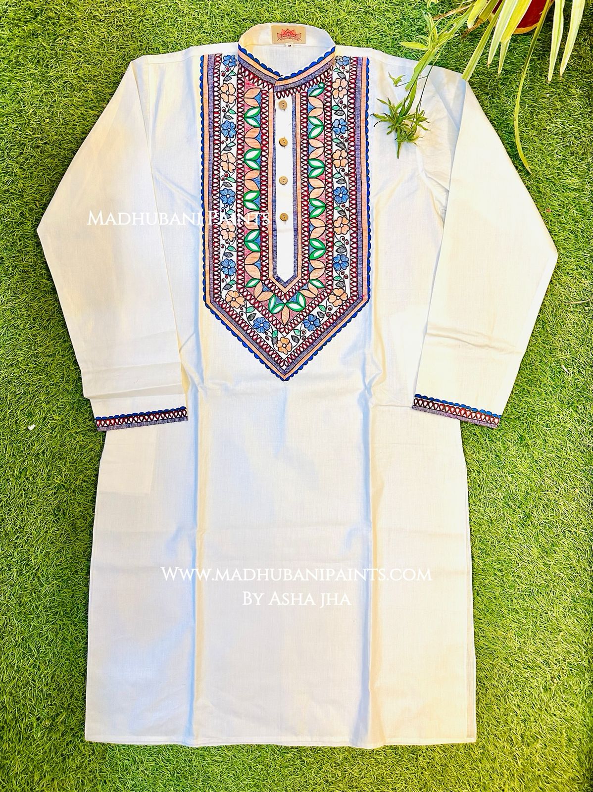 Beige Mithila Border Hand-painted Handloom Men's Cotton Kurta