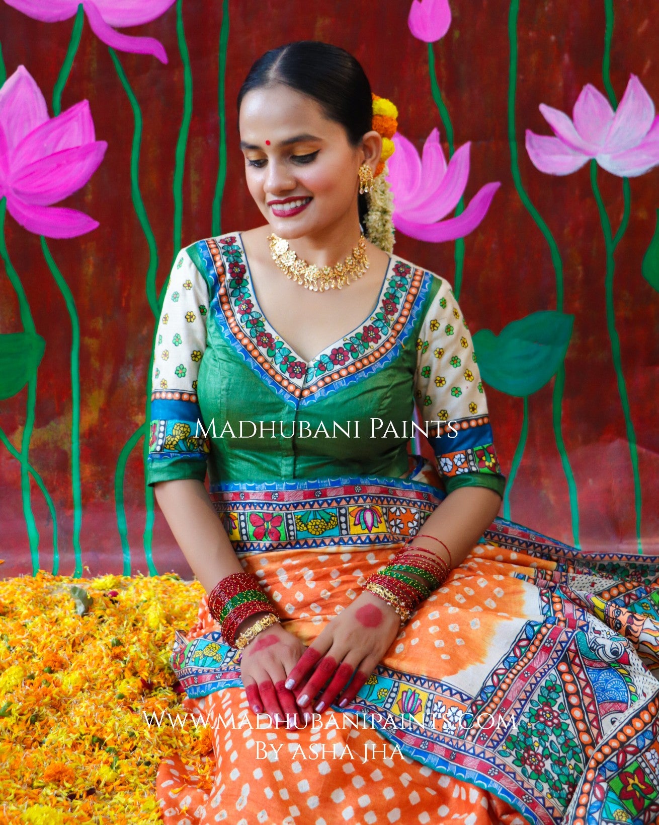 "BHARAT KA DUSSEHRA" Handpainted Madhubani Bandhini Tussar Silk Saree Blouse set