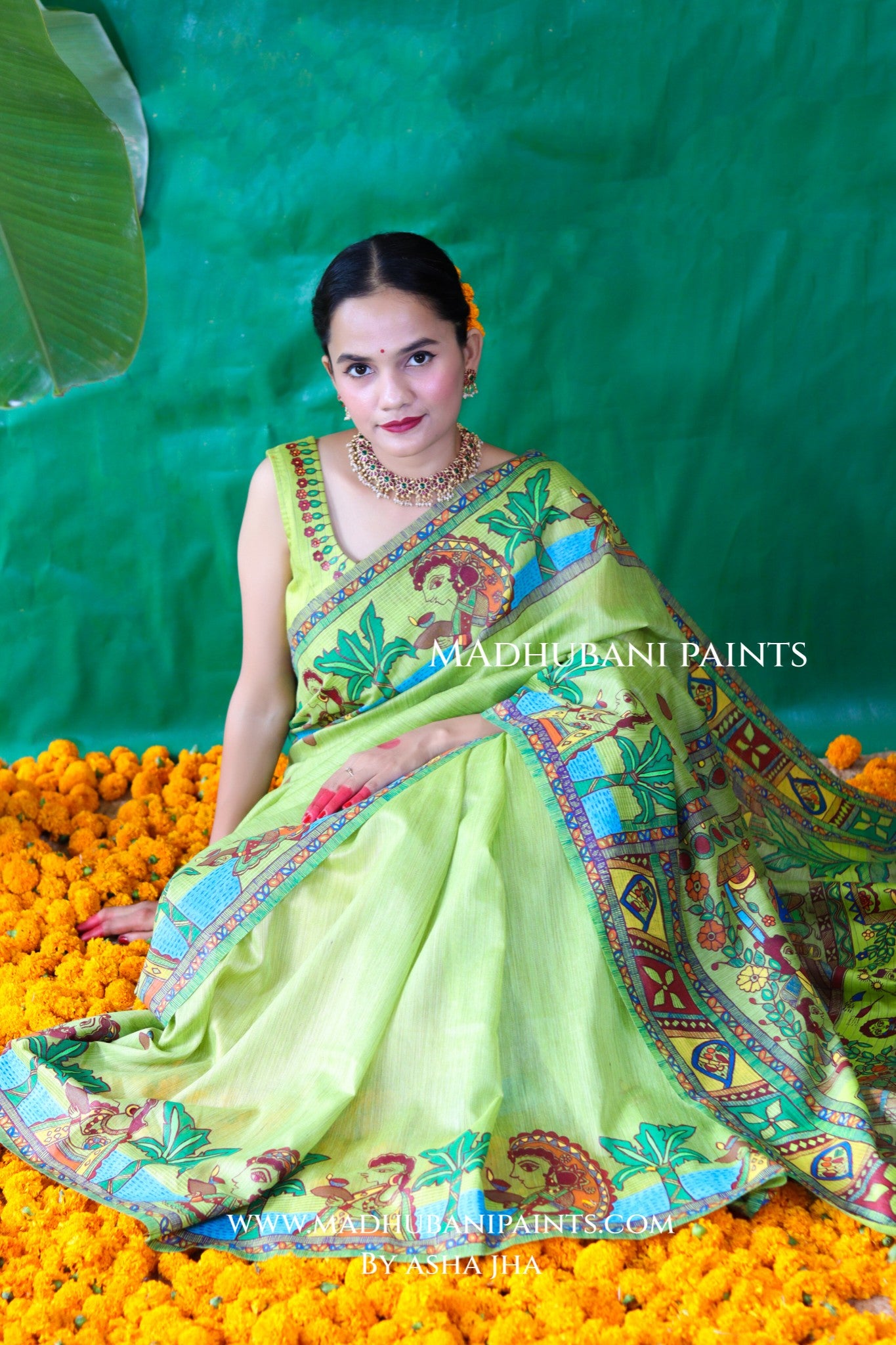 HARIYALI CHHATH Handpainted Madhubani Chanderi Saree Blouse Set
