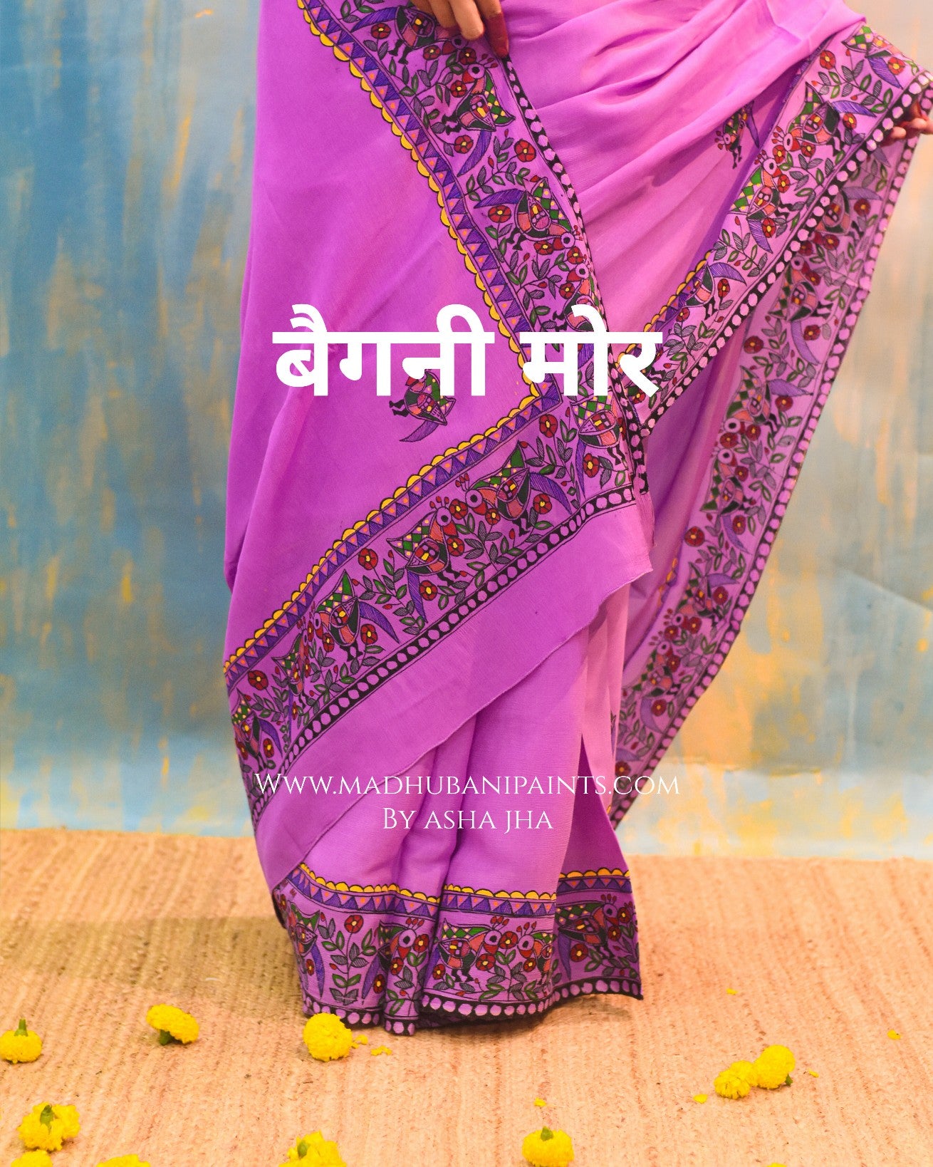 Baigani Mor Hand-painted Madhubani Chiffon Saree