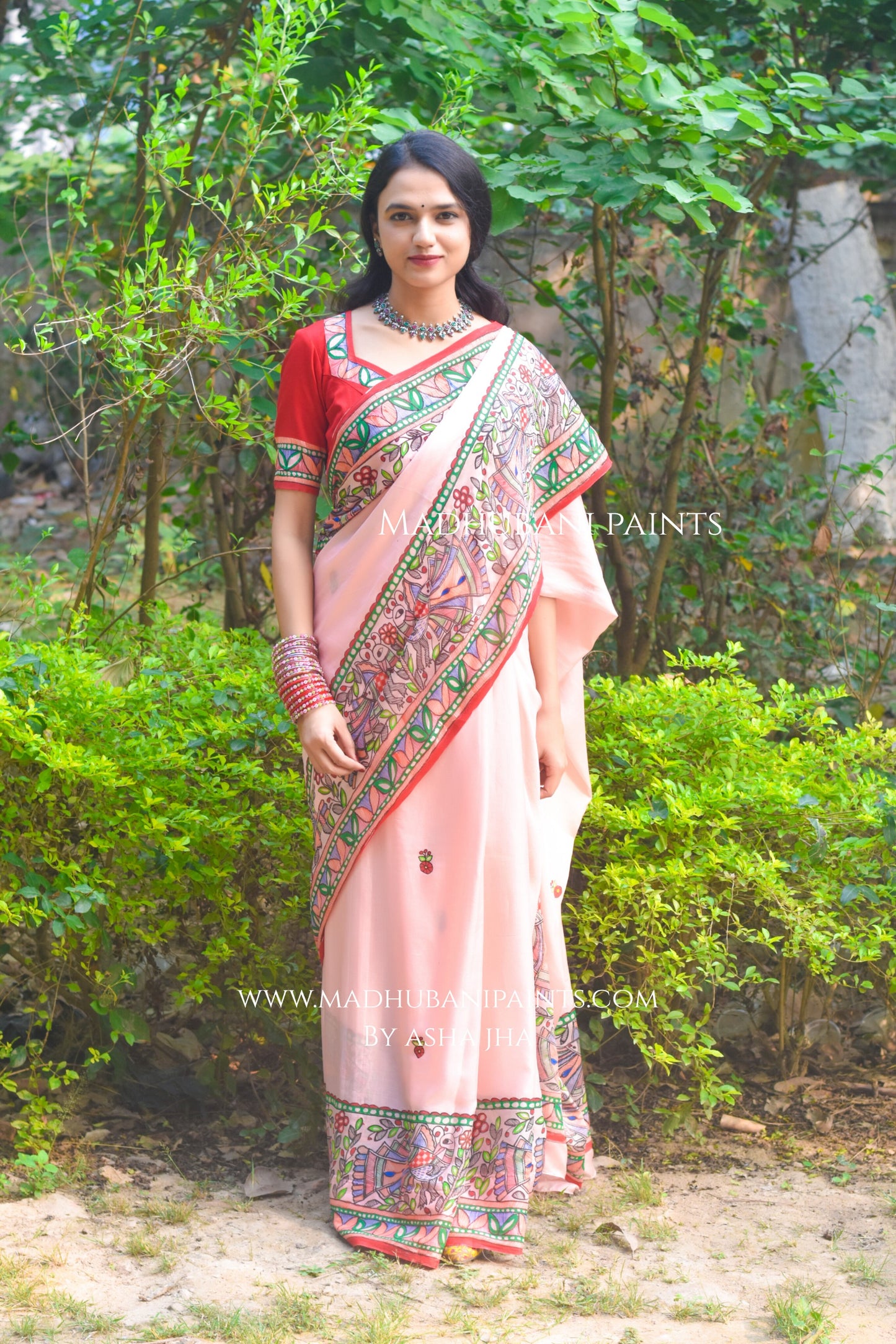 Gulabi Mor Hand-painted Madhubani Chiffon Saree Blouse Set