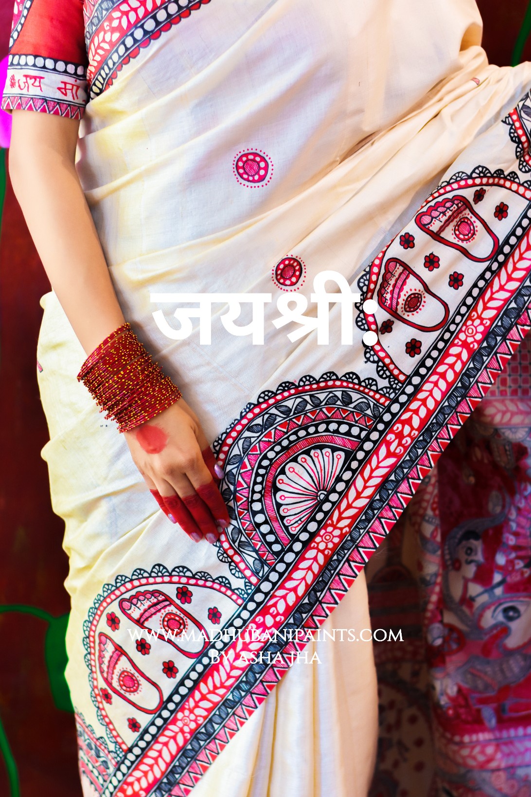 "JAYSHREE" Handpainted Madhubani Tussar Silk saree blouse set