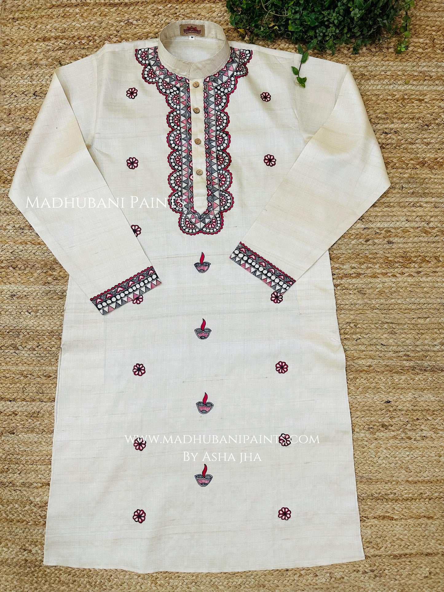 Phool Diya Hand-painted Beige Madhubani Men's Tussar Silk Kurta