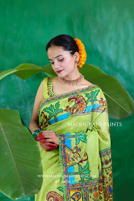 HARIYALI CHHATH Handpainted Madhubani Chanderi Saree Blouse Set