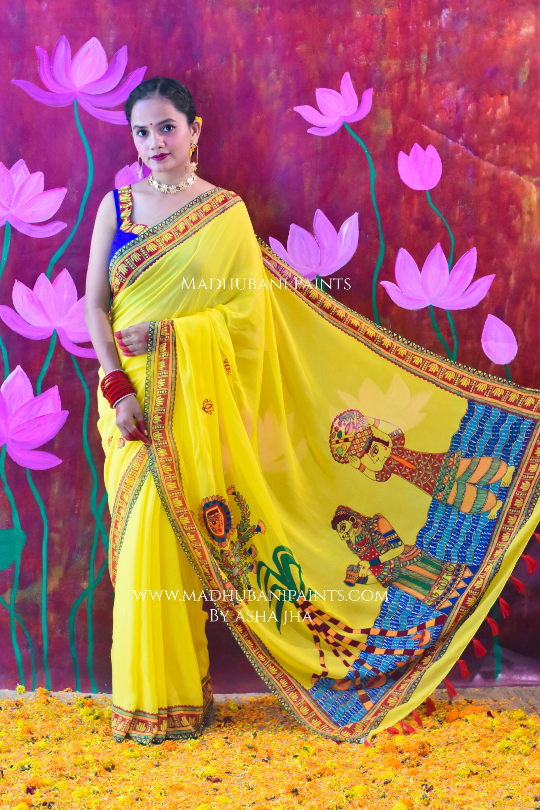 BHAKTI BHAVA Chhath Puja Hand painted Madhubani Georgette Saree Blouse Set