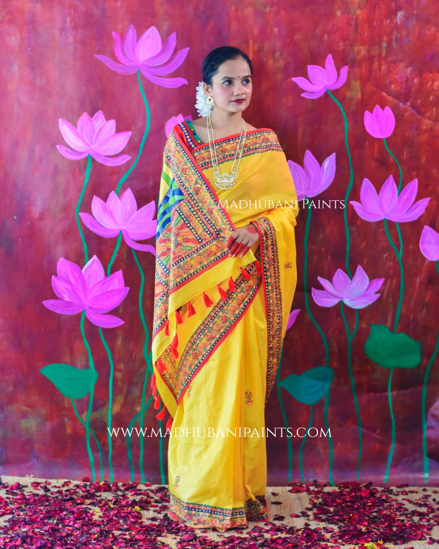 SURYA KIRAN Chhath Puja Hand painted Madhubani Mul Cotton Saree Blouse Set