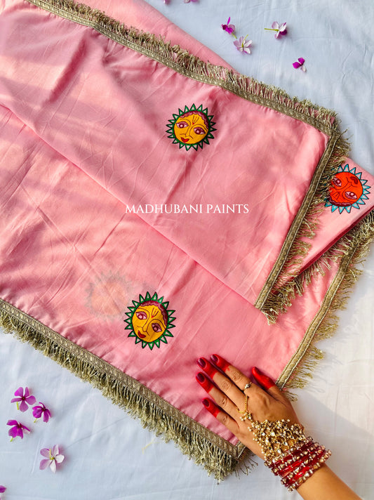 PINK SURYA Chhath Puja Handpainted Madhubani Cotton Saree Blouse Set