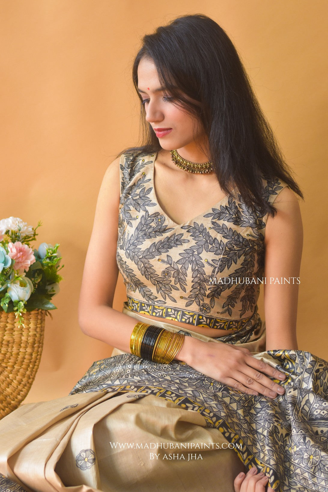 MITHILA KI MORNI Handpainted Madhubani Saree Blouse Set
