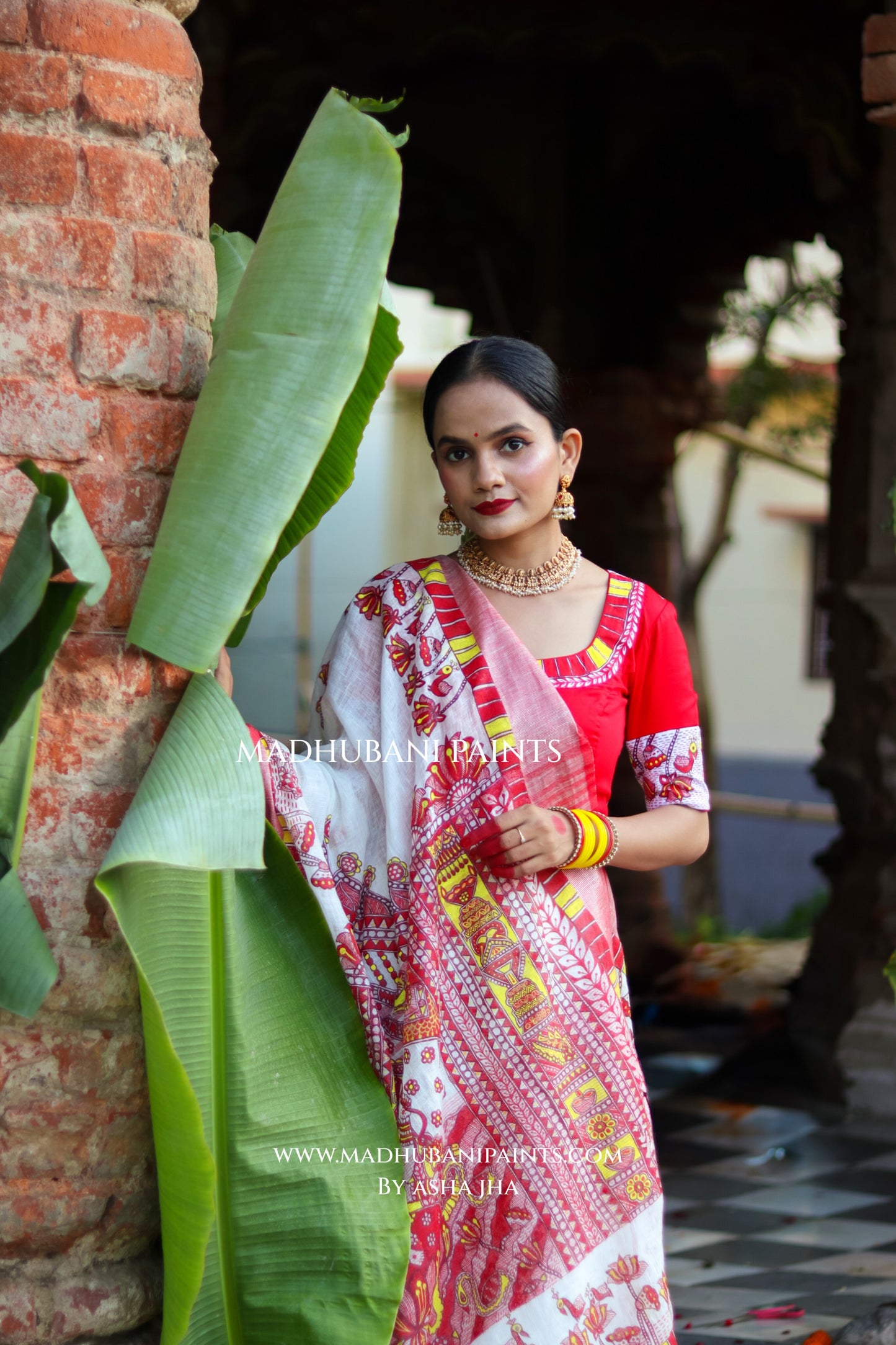 KAMLA Handpainted Linen Madhubani Saree Blouse Set
