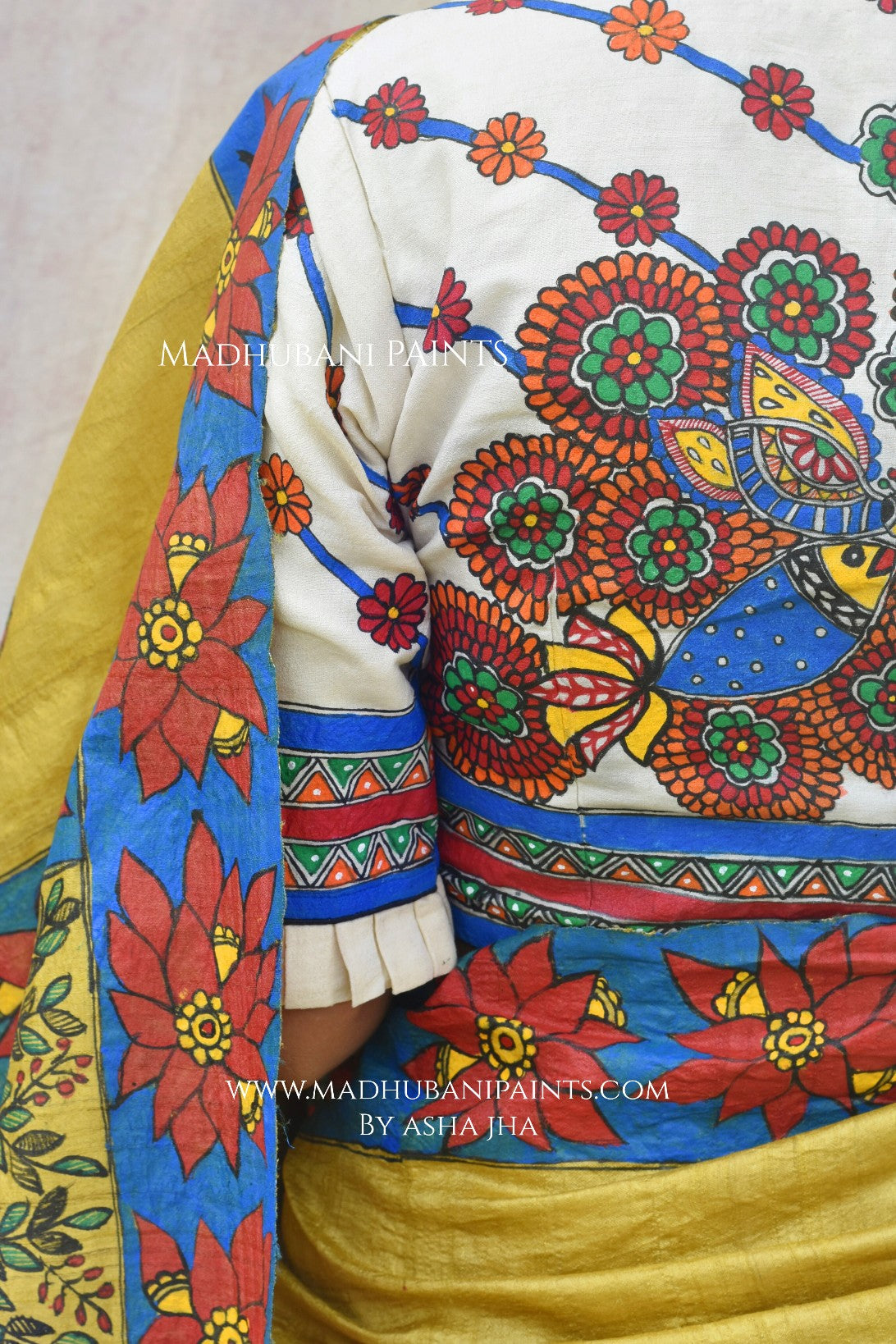 GAJANAND MATSYA' Hand Painted Madhubani Tussar Silk Saree Blouse Set