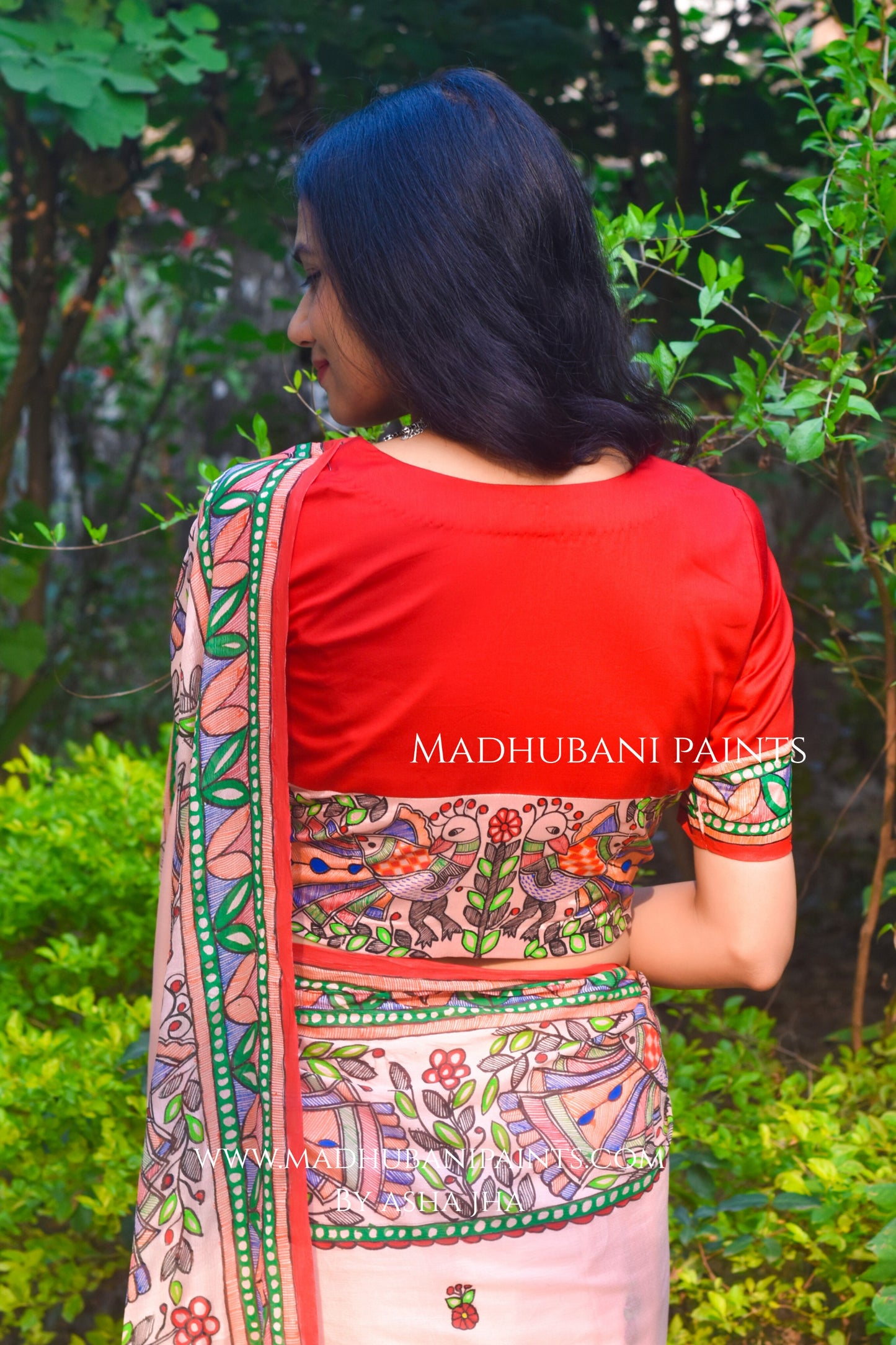 Gulabi Mor Hand-painted Madhubani Chiffon Saree Blouse Set