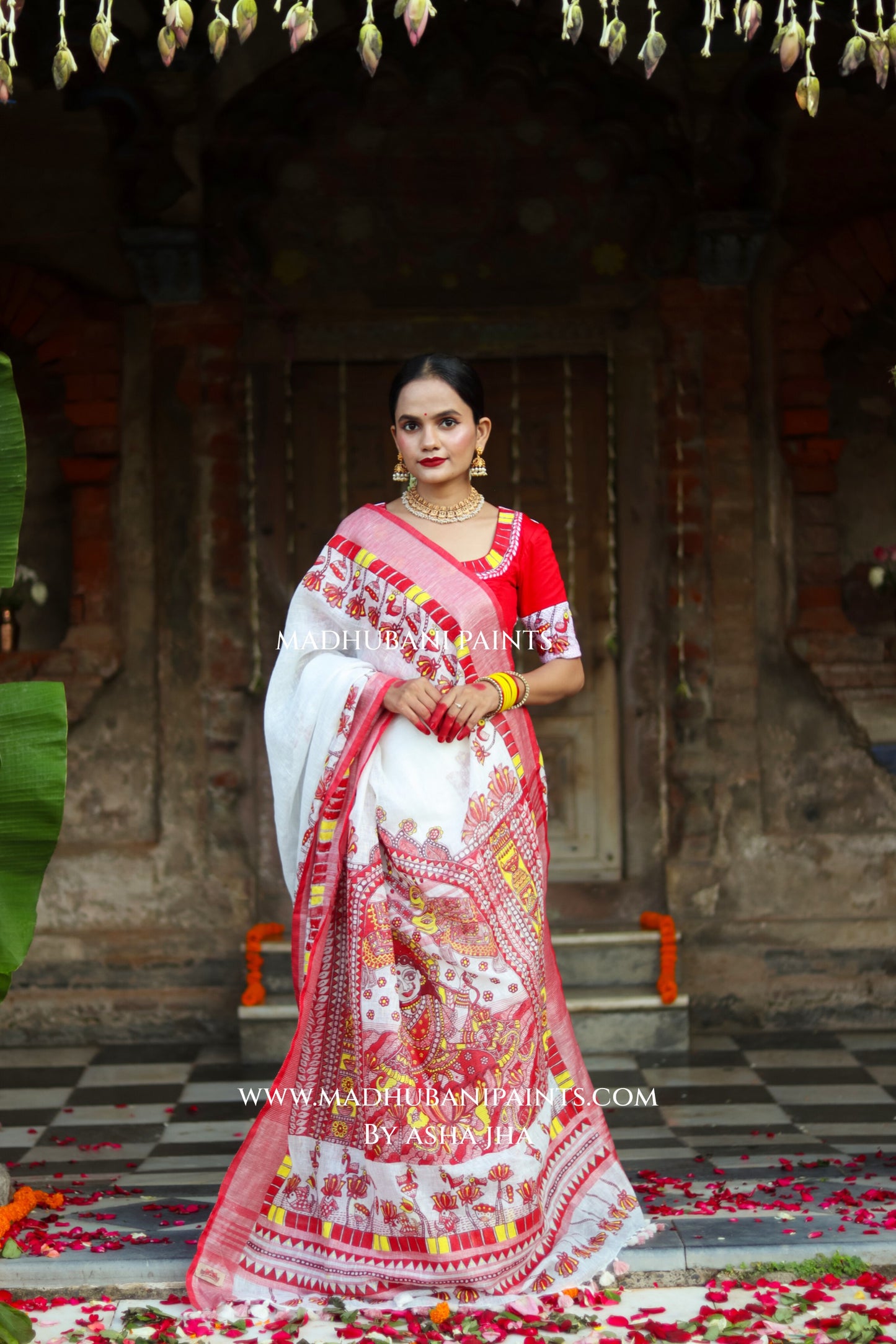 KAMLA Handpainted Linen Madhubani Saree Blouse Set