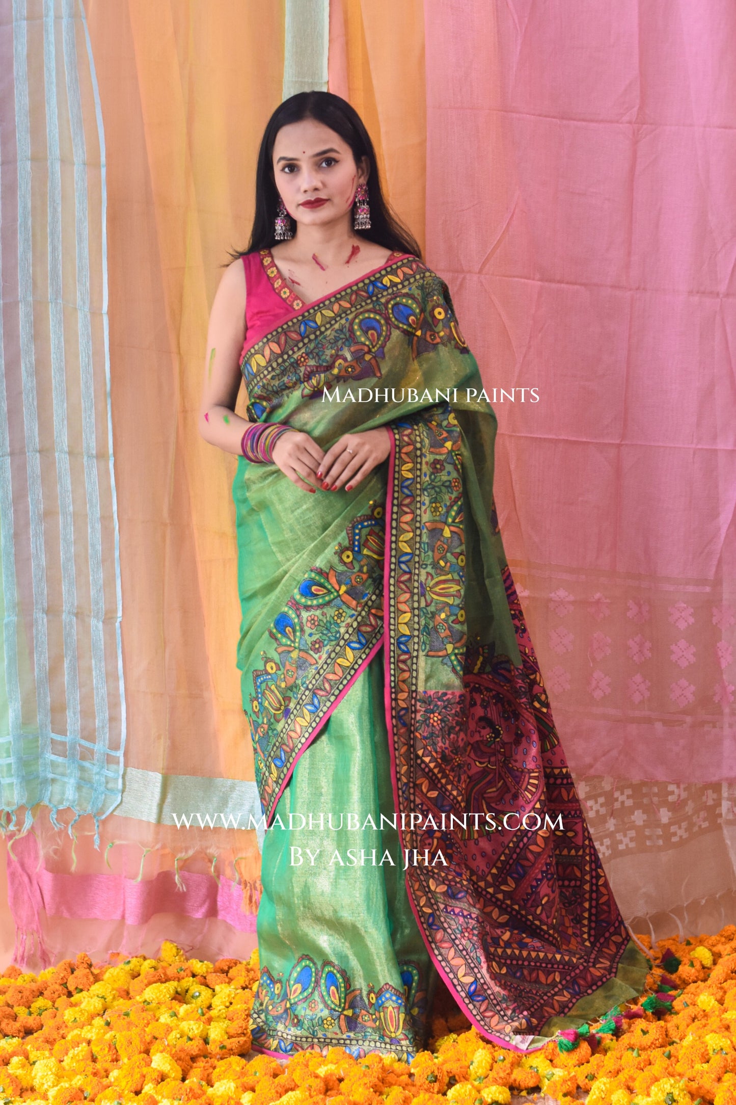 GULAL Hand-painted Madhubani Tissue Linen Saree