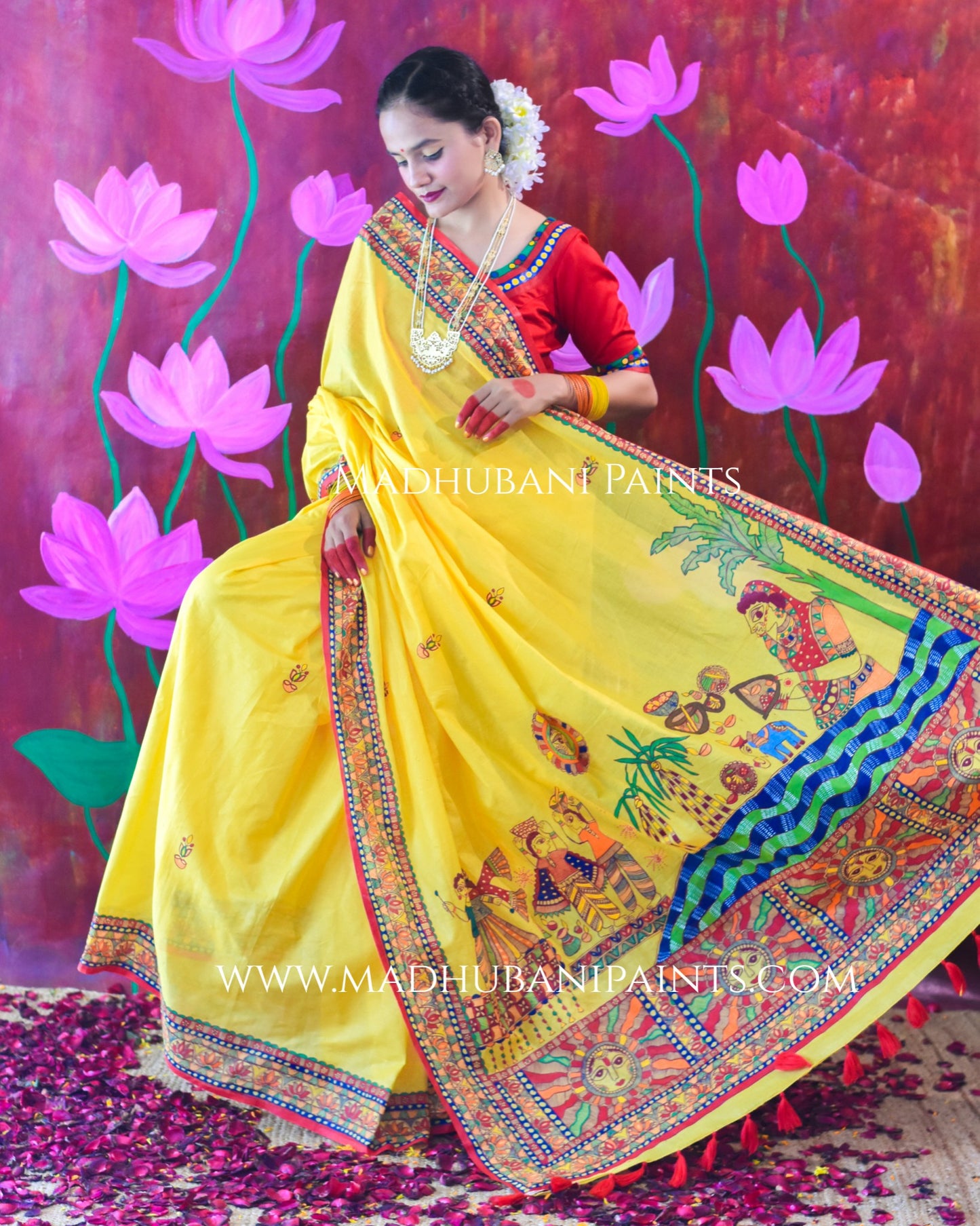 SURYA KIRAN Chhath Puja Hand painted Madhubani Mul Cotton Saree Blouse Set