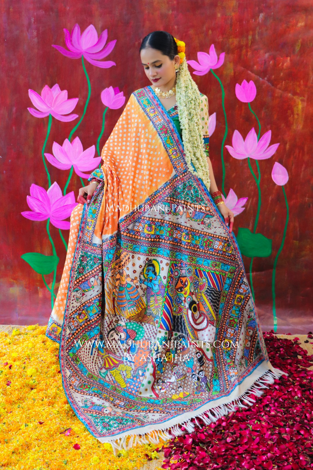 "BHARAT KA DUSSEHRA" Handpainted Madhubani Bandhini Tussar Silk Saree Blouse set