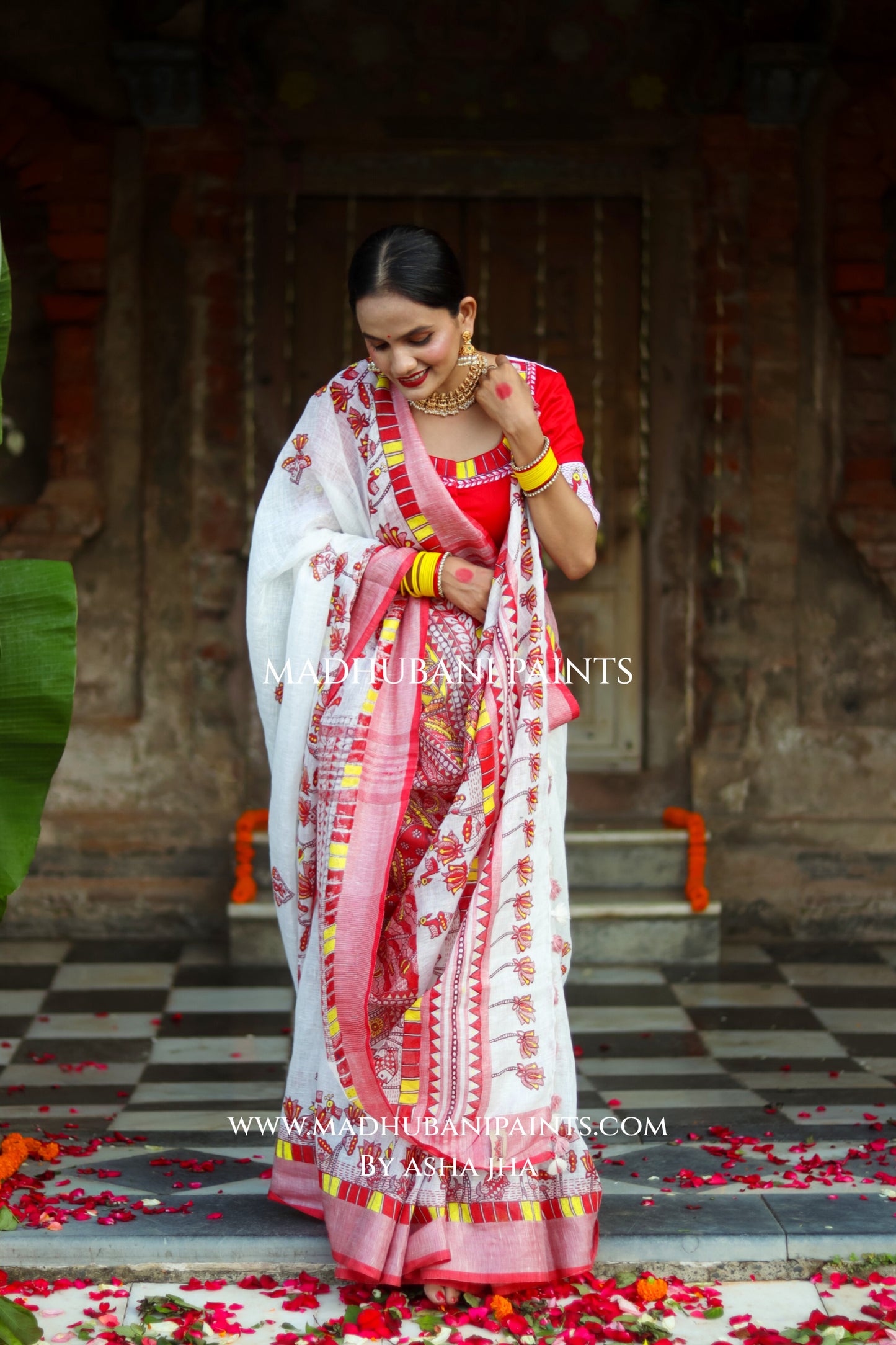 KAMLA Handpainted Linen Madhubani Saree Blouse Set