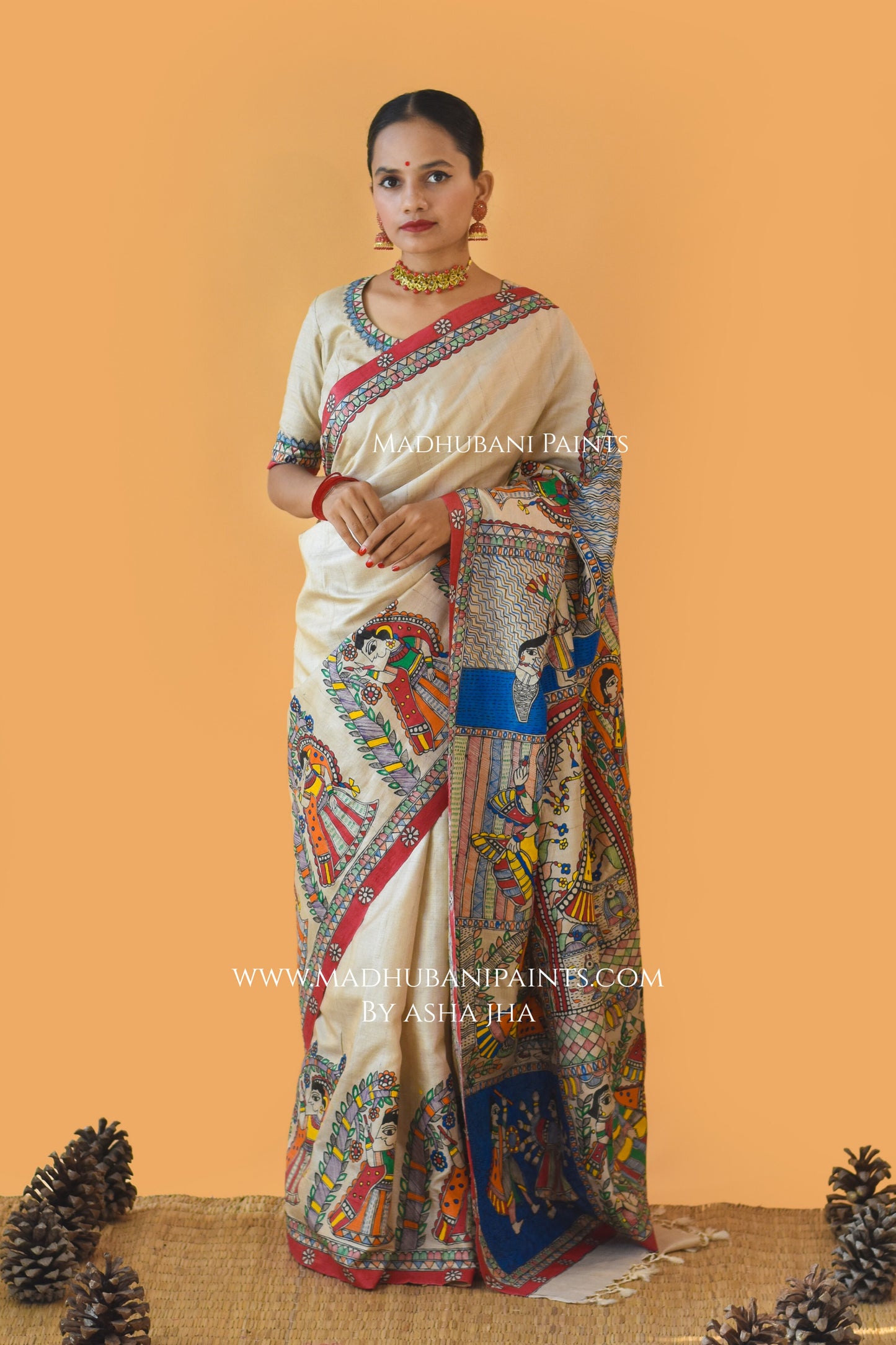 NARAYAN AVATAR Hand-painted Madhubani Tussar Silk Saree Blouse Set