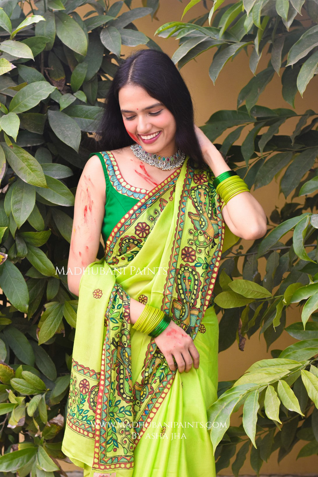 MADHUMAS Hand-painted Madhubani Chiffon Saree