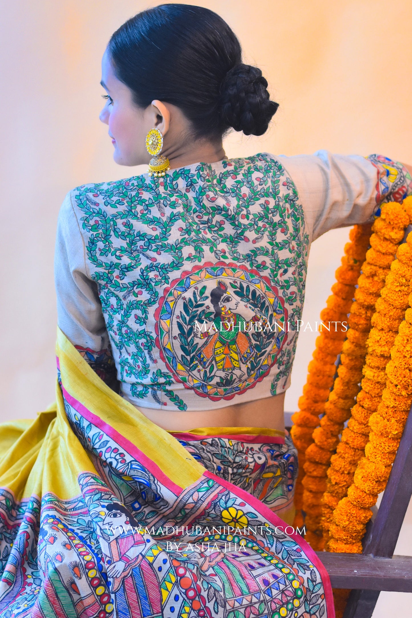"Peela Ramayan" Hand-painted Madhubani Tussar Silk Saree Blouse Set