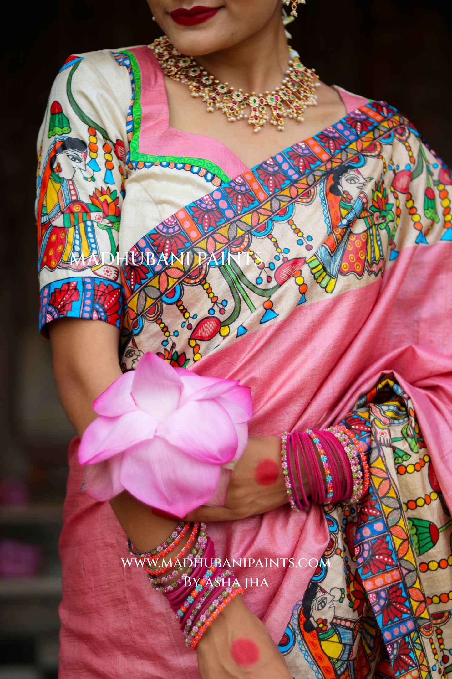 Durga Ji Ki Palki Handpainted Tussar Silk Madhubani Saree Blouse Set
