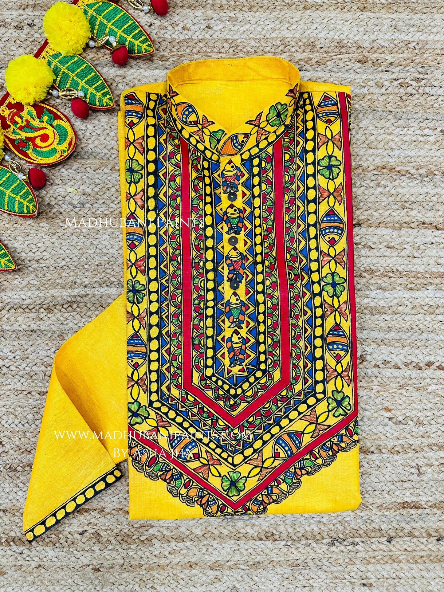 Yellow Surmai Kamal Hand-painted Madhubani Men's Cotton Kurta