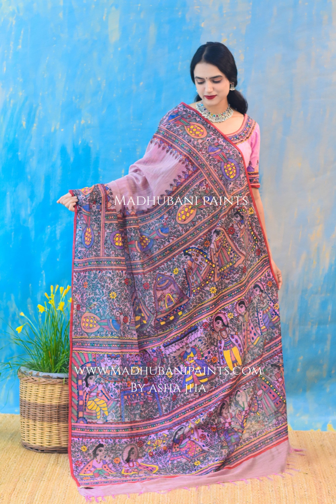 "Gulabi Ramayan" Hand-painted Madhubani Chanderi Saree Blouse Set