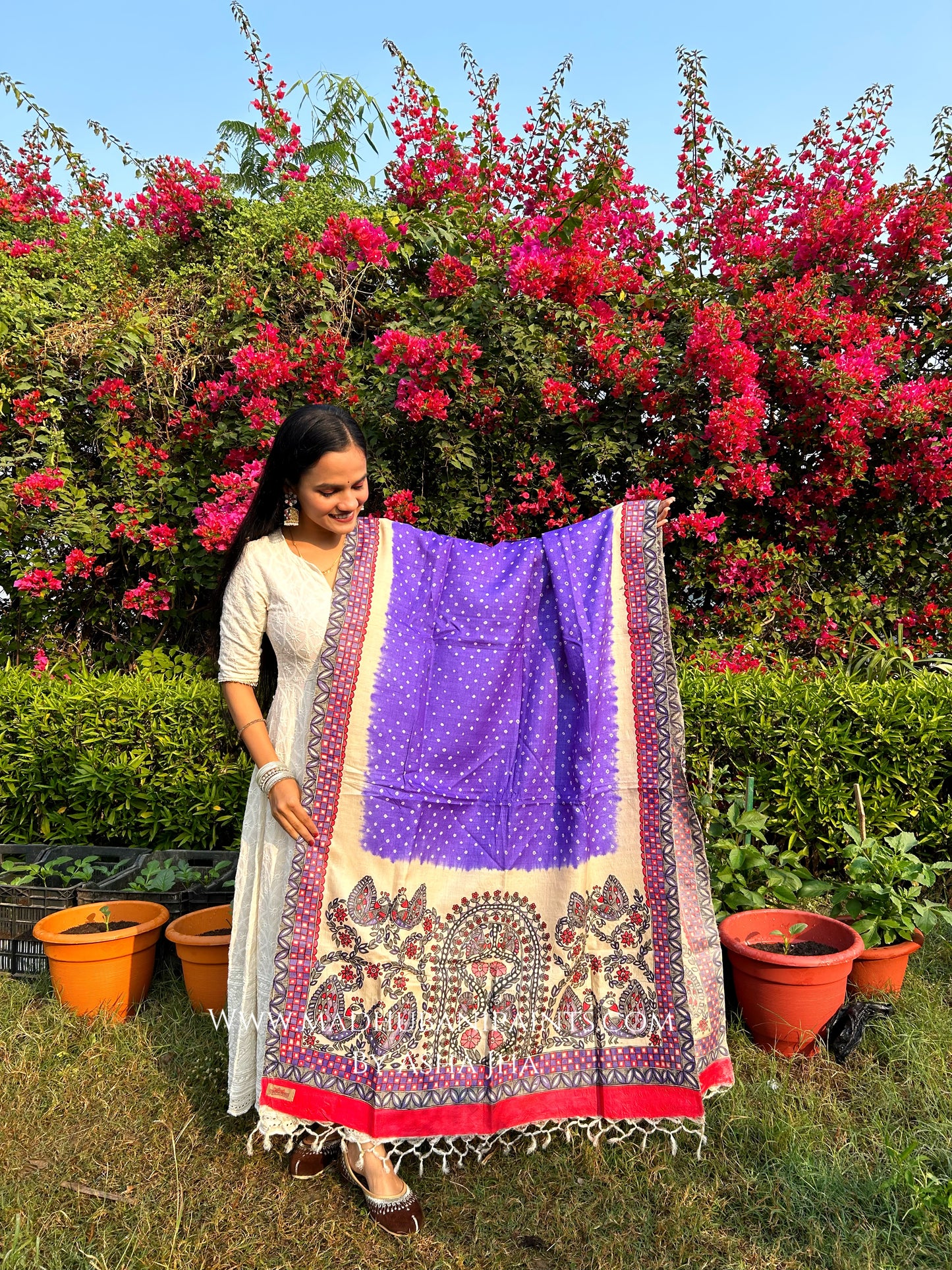 'BANDHINI MAYURI' Handpainted Madhubani Tussar Silk Dupatta
