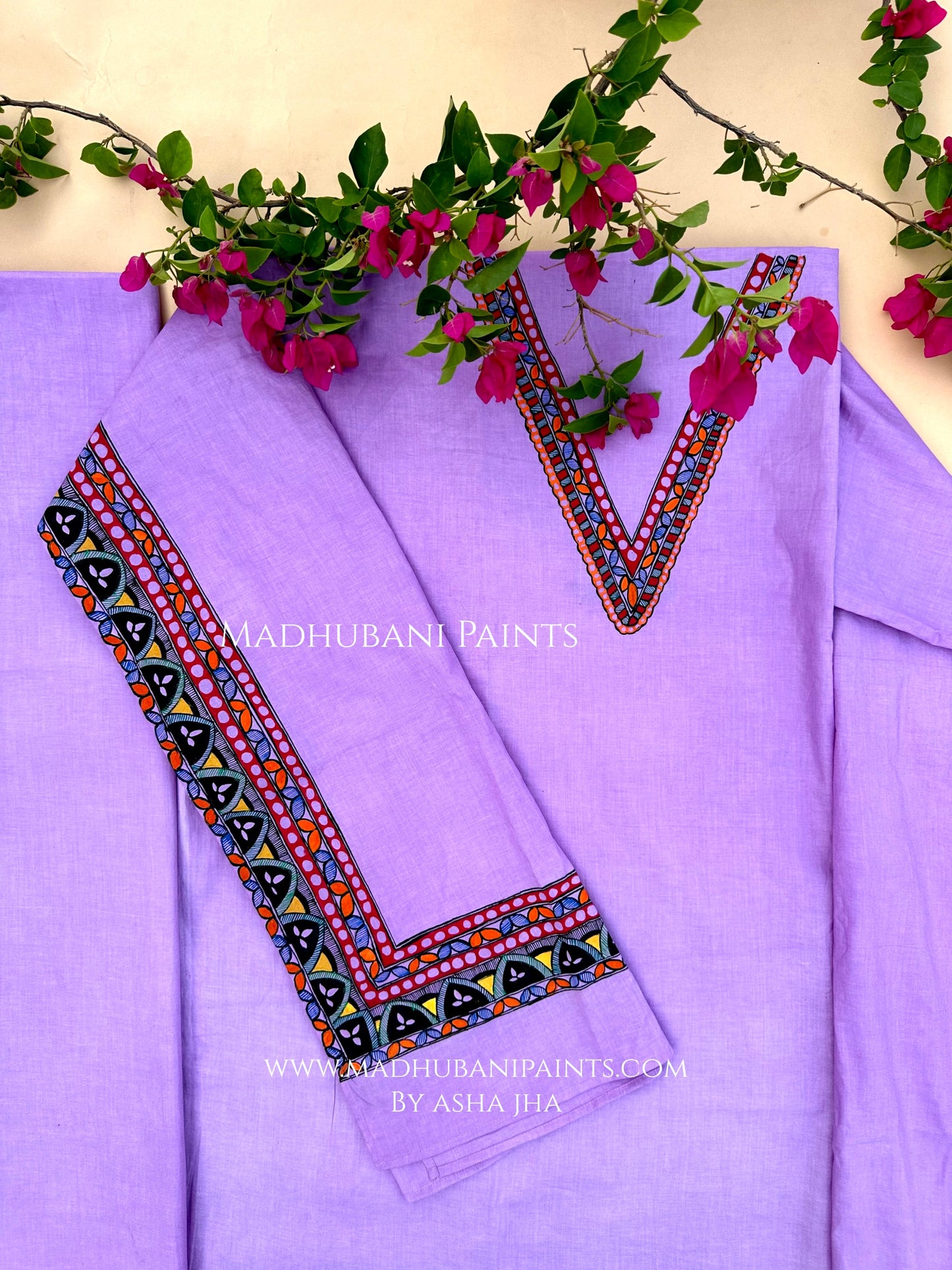 Lilac Radha Krishna Hand-painted Madhubani Painting Cotton Unstitched Kurta