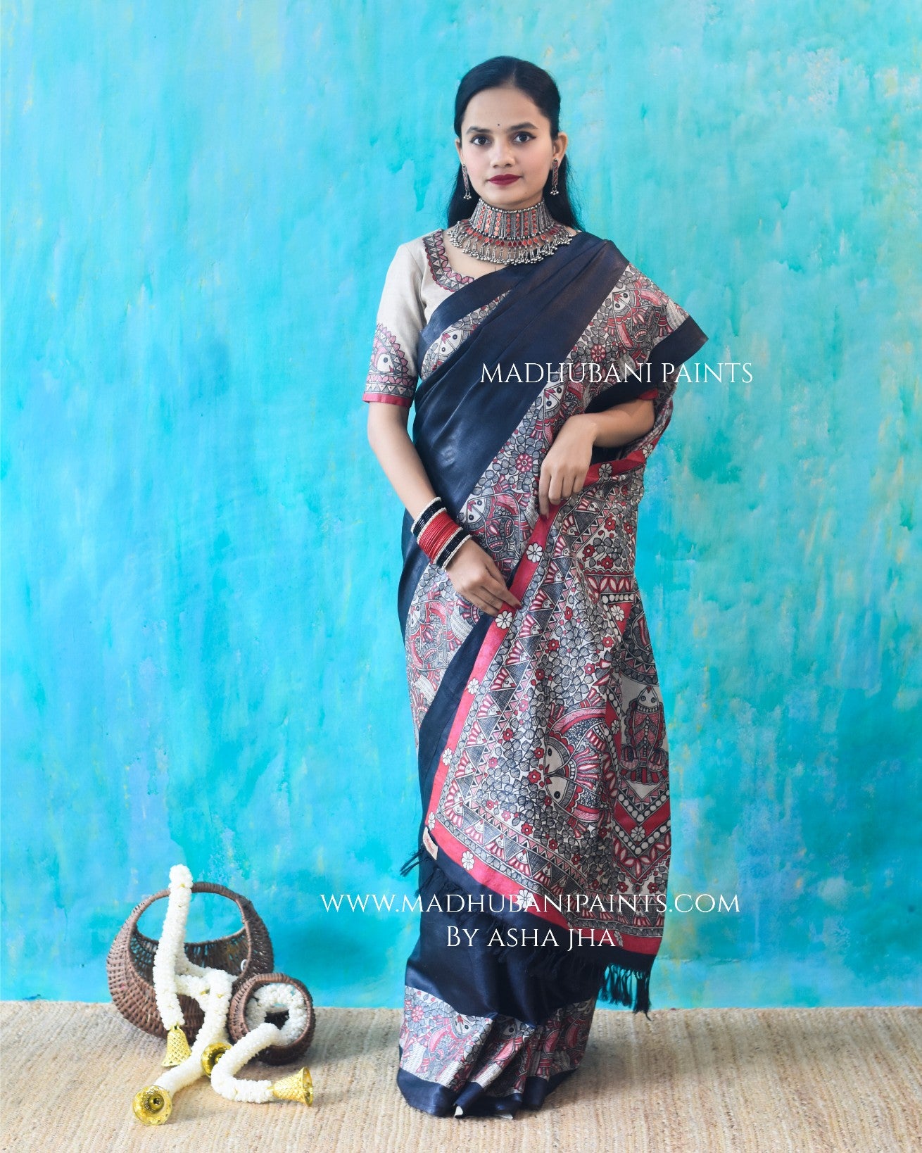 'MATSYA MANJARI' Hand-painted Madhubani Tussar Silk Saree Blouse Set